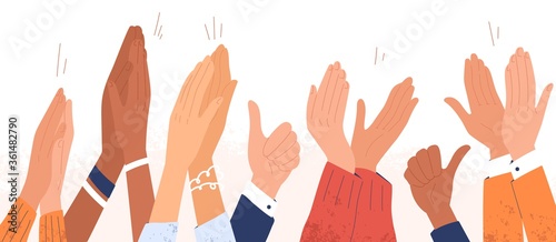Arms of diverse people applauding vector illustration. Colorful man and woman clapping hands isolated on white background. Multinational audience demonstrate greeting, ovation or cheering gesture