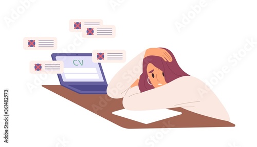 Unhappy woman with resume rejected by employer vector flat illustration. Hopeless female sit on desk with laptop during problems in job seeking isolated. Unsuccessful employment attempt at crisis photo
