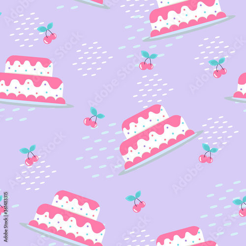 vector seamless pattern on a pastel purple background with cake and cherry and texture
