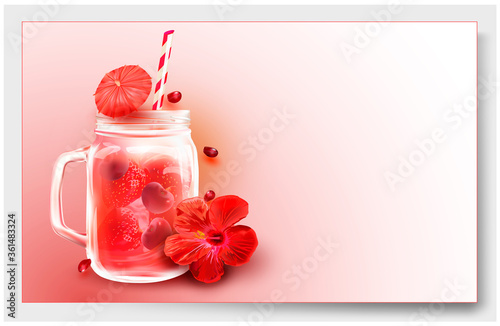 Smoothies in a clear cocktail jar.Vector image for summer smoothie advertising, fruit sales.Drink with a straw,a cherry.Pink beverage in a mason Jar Glass.	