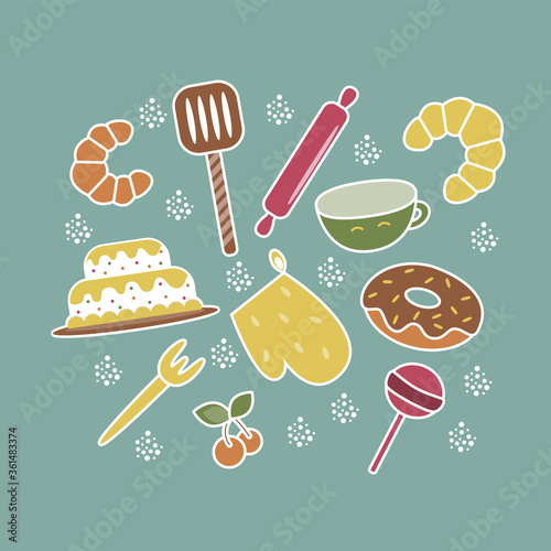 vector set of cake, croissant, donut, rolling pin, cup and other pastry elements on a gentle blue background