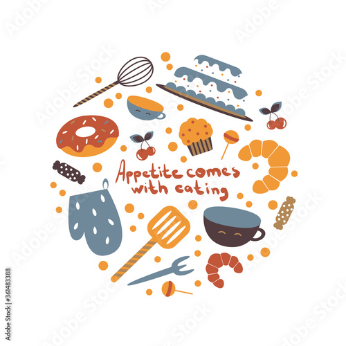 vector set of cake, donut, candy, muffin, cup and other lettering elements on a white background