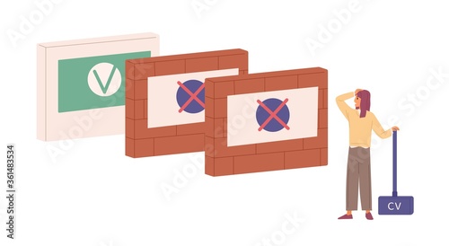 Depressed woman with cv trying to find job vector flat illustration. Female with hammer stand in front of brick wall isolated on white. Problem to employment or difficulties of work seeking