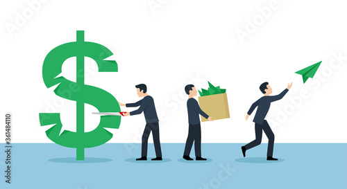 Corruption concept - people group sawing dollar sign - financial leakage isolated illustration
