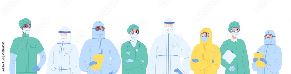 Portrait diverse team of medical specialists in protective clothes vector illustration. Colorful nurses and doctors standing together isolated on white. Man and woman physicians in workwear Portrait diverse team of medical specialists in protective clothes vector illustration. Colorful nurses and doctors standing together isolated on white. Man and woman physicians in workwear