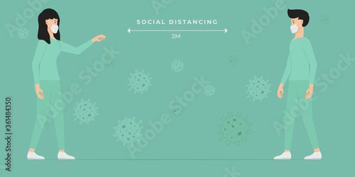 Man and woman character wearing surgical or medical face mask maintain social distancing to prevent from virus spreading and flu prevention. coronavirus, social isolation and self quarantine concept.