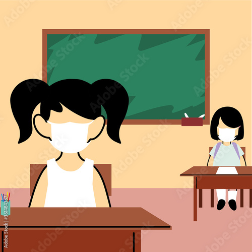 kids students wearing face mask in class, social distancing