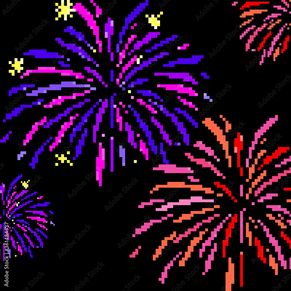 Pixel firework. Festive firework bursting. Pixel art 8 bit. Stock