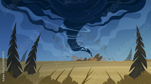 Tornado disaster, stormy weather over the countryside field.