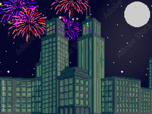 Pixel art, city, buildings, firework. 8 bit