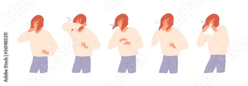 Set of sick woman sneezing, coughing and blow her nose vector flat illustration. Cartoon female with flu or respiratory virus symptoms isolated on white. Girl cough in arm, fist, elbow and tissue