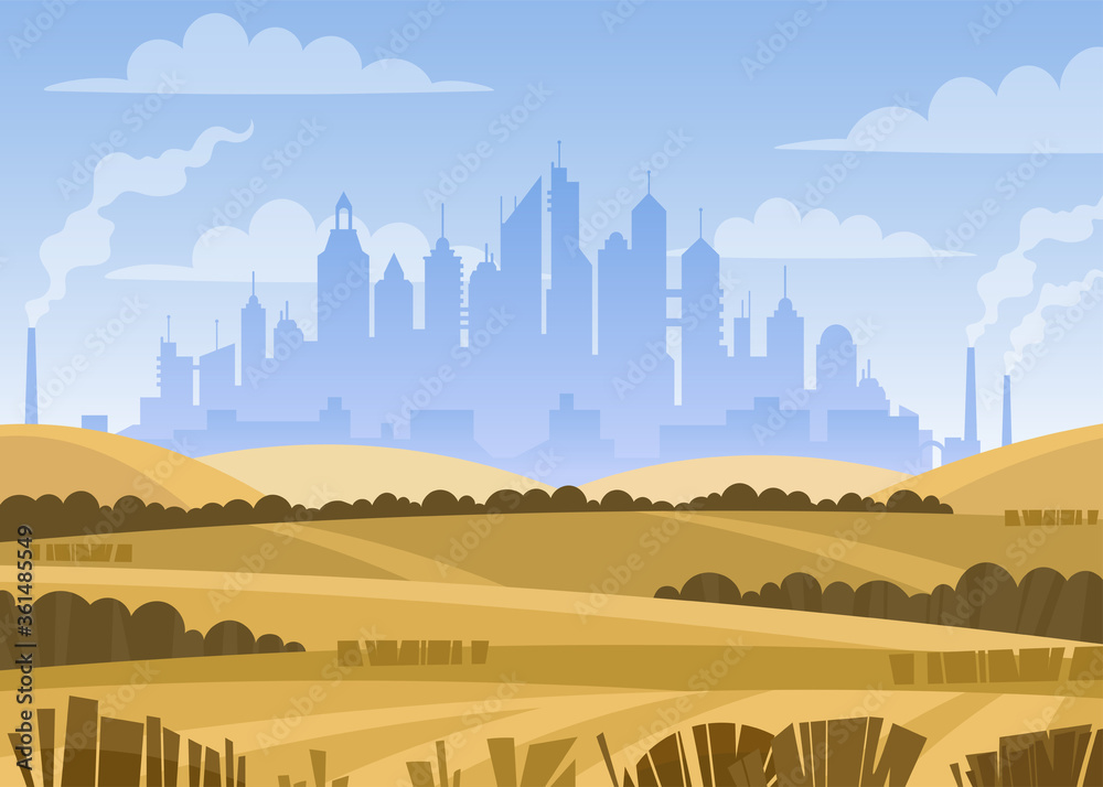Ecology in the big city. Modern city panorama with skyscrapers. Autumn landscape, vector illustration. 