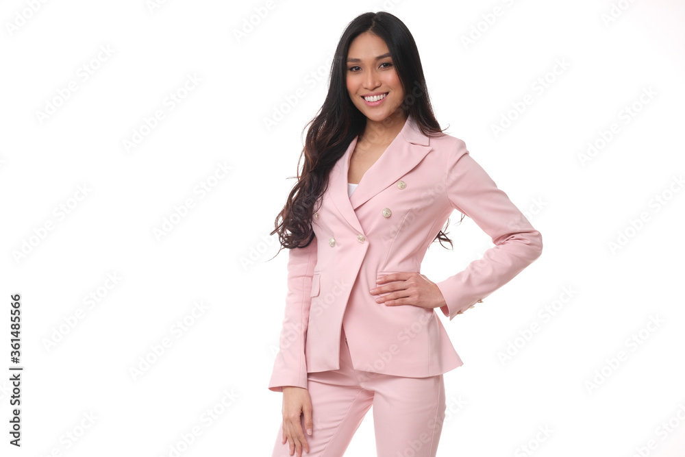 Elegant and beautiful asian model in pink suit isolated on white background. Elegant and beautiful asian model in pink suit isolated on white background.