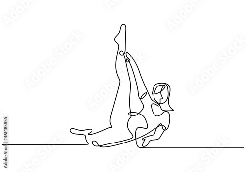 Woman stretching his legs on yoga exercise continuous one line vector illustration minimalism style. The girl sitting and raising her one leg to stretching for healthy life. Vector illustration