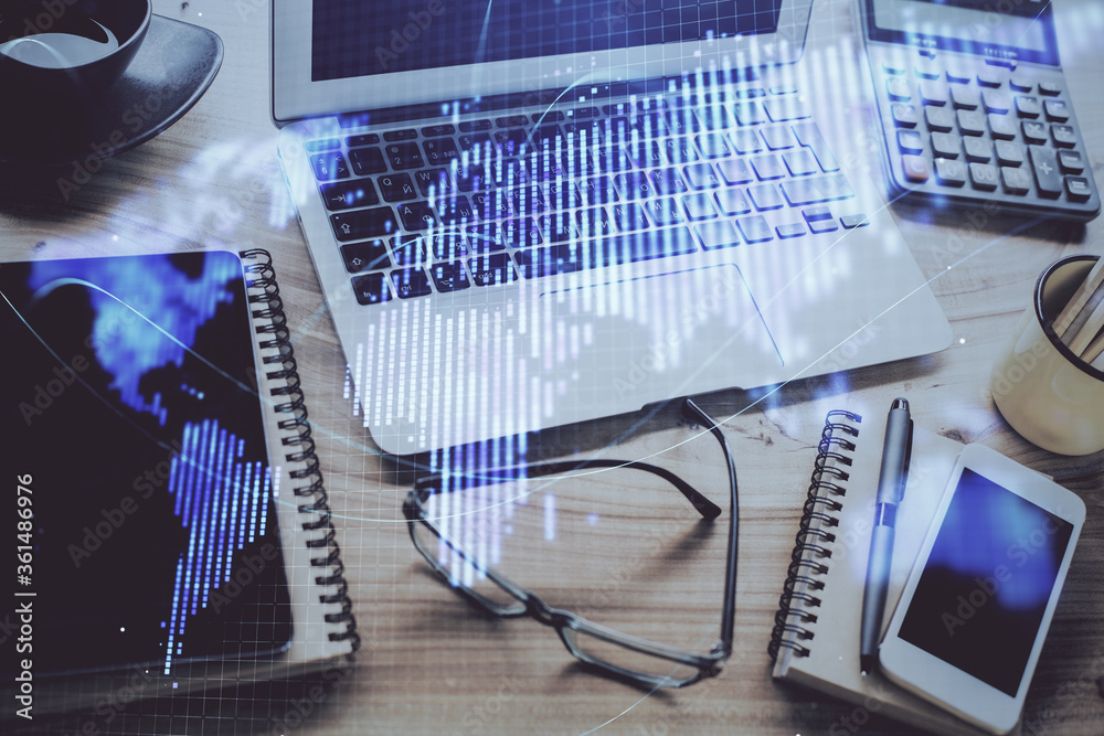 Double exposure of business theme icons and work space with computer background. Concept of success. Double exposure of business theme icons and work space with computer background. Concept of success.