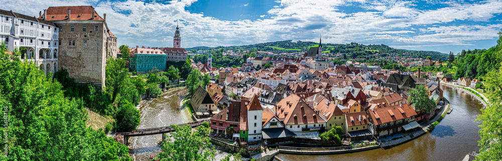 Panoramic view of Cesky Krumlov - historic European city surrounded by bend of Vltava river