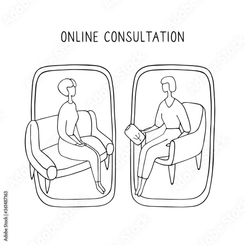 Woman at the psychologist online session. Doctor consultation by phone. Video call to psychiatrist. Online psychological therapy. Hand drawn doodle vector graphic