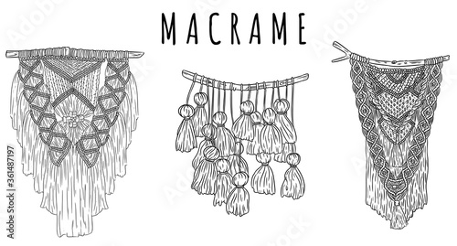 Set of macrame boho style wall hangers doodle sketches. Collection of textile knotting design elements. Simple linear modern indigenous craft