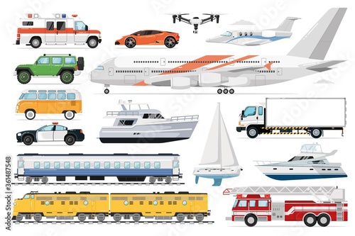 Public transport vector. Passenger vehicle. Isolated public train, ambulance, police car, automobile, bus, airplane, fire truck, drone, yacht transport icon collection. Road, air, maritime transport