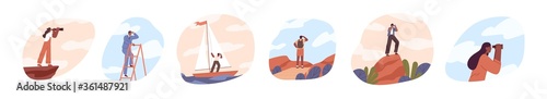 Set of people look into future vector flat illustration. Collection of man and woman stand on stairs, top of mountain and sailboat with binoculars. Concept of new horizons and choice of direction photo