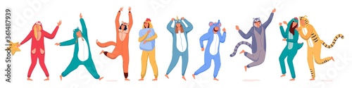 Costume party. Happy people wearing animal costume onesies set. Young men and women cartoon characters in kigurumi dancing, jumping and having fun at pajama party collection