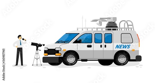 Broadcast van. Isolated broadcasting communication transport. Television channel van auto vehicle with satellite antenna for live news information broadcast. Reporter man reporting on camera
