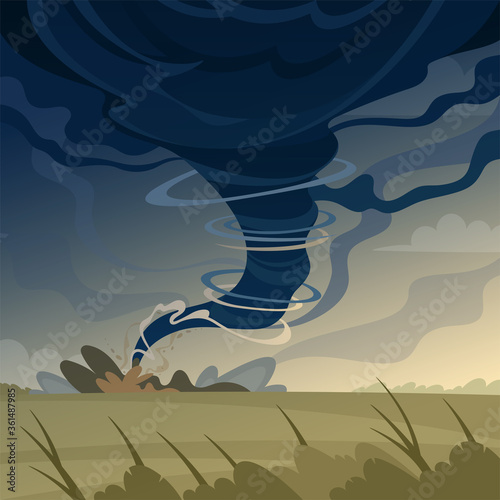Tornado disaster, stormy weather over the field landscape.