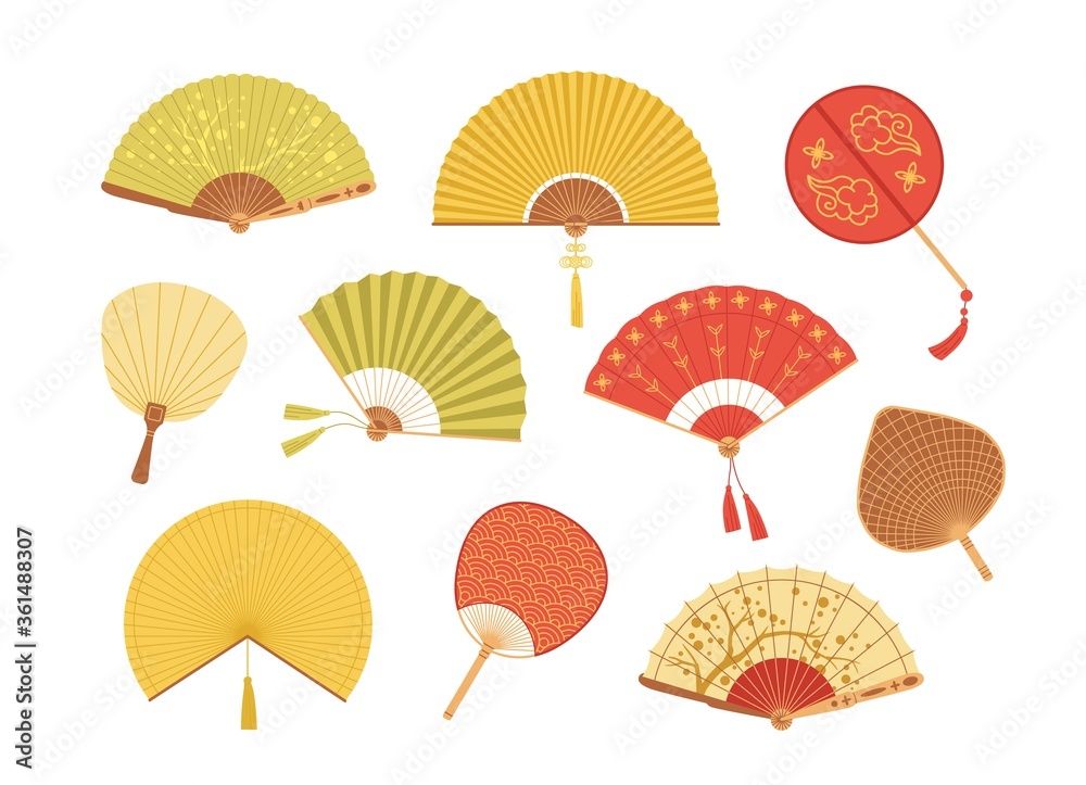 Obraz Set of Asian paper and textile fans vector illustration. Collection of colorful realistic Japan and Chinese traditional accessories isolated on white. Vintage folding fan with design elements fototapeta, plakat