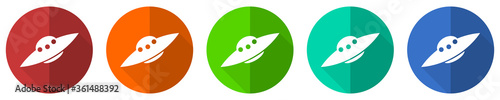 Ufo, alien spaceship icon set, red, blue, green and orange flat design web buttons isolated on white background, vector illustration