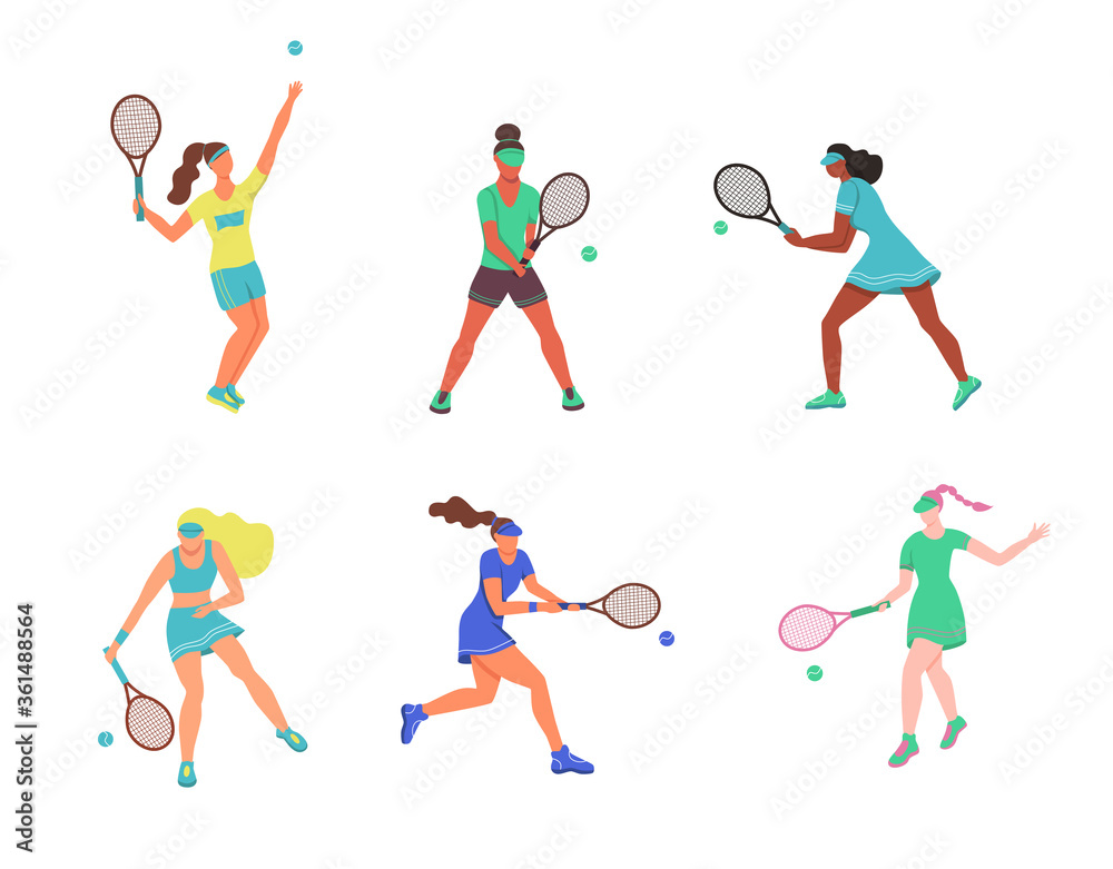 Young women play tennis. A set of flat characters isolated on a white background. Vector illustration Young women play tennis. A set of flat characters isolated on a white background. Vector illustration