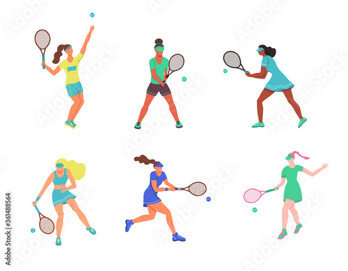 Young women play tennis. A set of flat characters isolated on a white background. Vector illustration