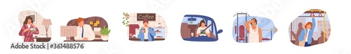 Set of drowsiness people vector flat illustration. Collection of sleepy man and woman at work at office, training at gym, driving car, ride bus, drink coffee or tea isolated. Dozing morning person