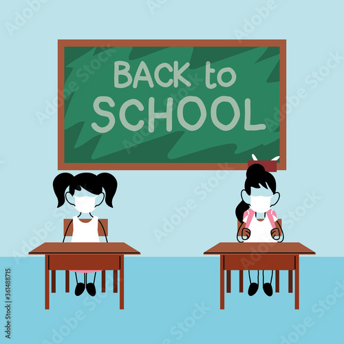 back to school, kids studying in classroom with face masks