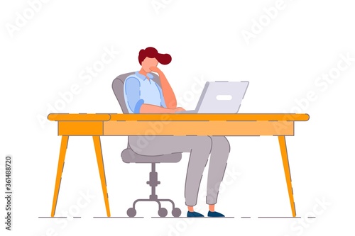 Bored office worker. Isolated bored business man cartoon character working lazily on laptop computer procrastinating at office work desk. Lazy worker person. Vector procrastination, laziness concept