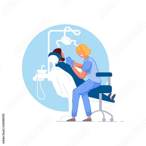 Dentist office. Doctor stomatologist woman using tools, examining or treating man patient teeth. Person in chair visiting dentist in dental clinic office. Stomatology, healthcare, dentistry concept