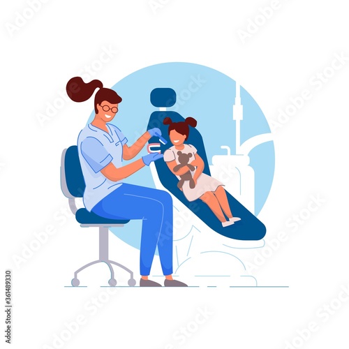 Child dentist. Doctor specialist woman teaching patient kid girl to brush teeth properly. Child person in chair visiting dentist in dental clinic office. Hygiene, healthcare, dentistry concept