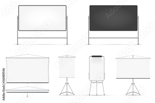 Board set. Realistic blank magnetic board with metal frame, on tripod, hanged on wall set isolated on white background. Vector whiteboard for seminar, presentation, training, education illustration photo