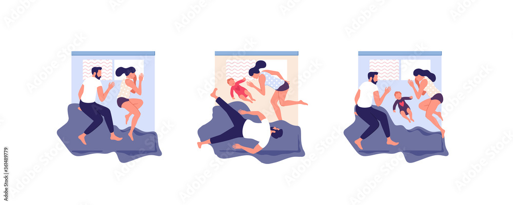 Sleeping young family at home, parents and little baby. Top view composition. Vector illustration.