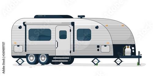 Camping trailer. Isolated camper vehicle mobile home trailer with windows, door and gas bottle. Vector camping RV car for travel and vacation transportation