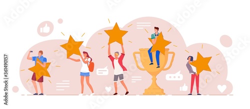 Customer feedback. Positive customer feedback or review evaluation. Man, woman people giving five star rank rating, good satisfaction level. Social media, app usability testimonial vector illustration