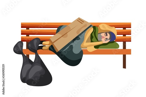 Homeless people. Poor man beggar character sleep on bench isolated on white background. Asleep tramp vector illustration. Unemployment and poverty