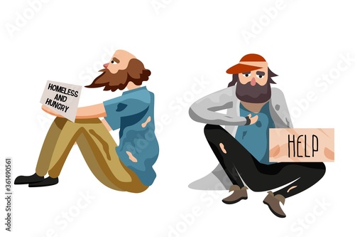 Miserable pauper set. Poor beggar, miserable pauper sitting isolate on white background. Street hungry homeless person asking for help and food vector. Jobless vagrant, refugee man illustration