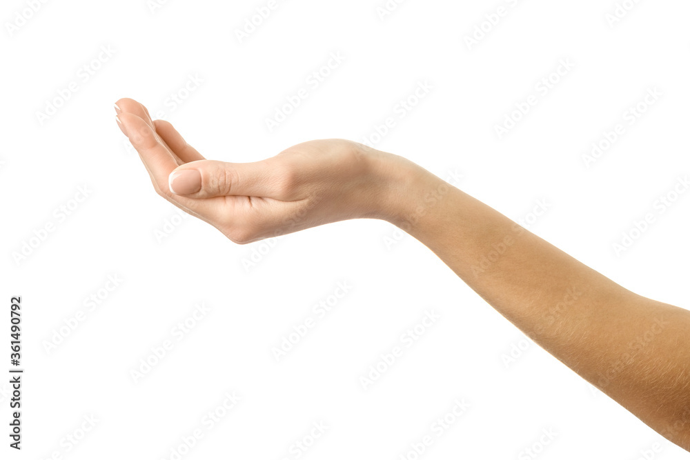 Outstretched female hand. Woman hand gesturing isolated on white Outstretched female hand. Woman hand gesturing isolated on white