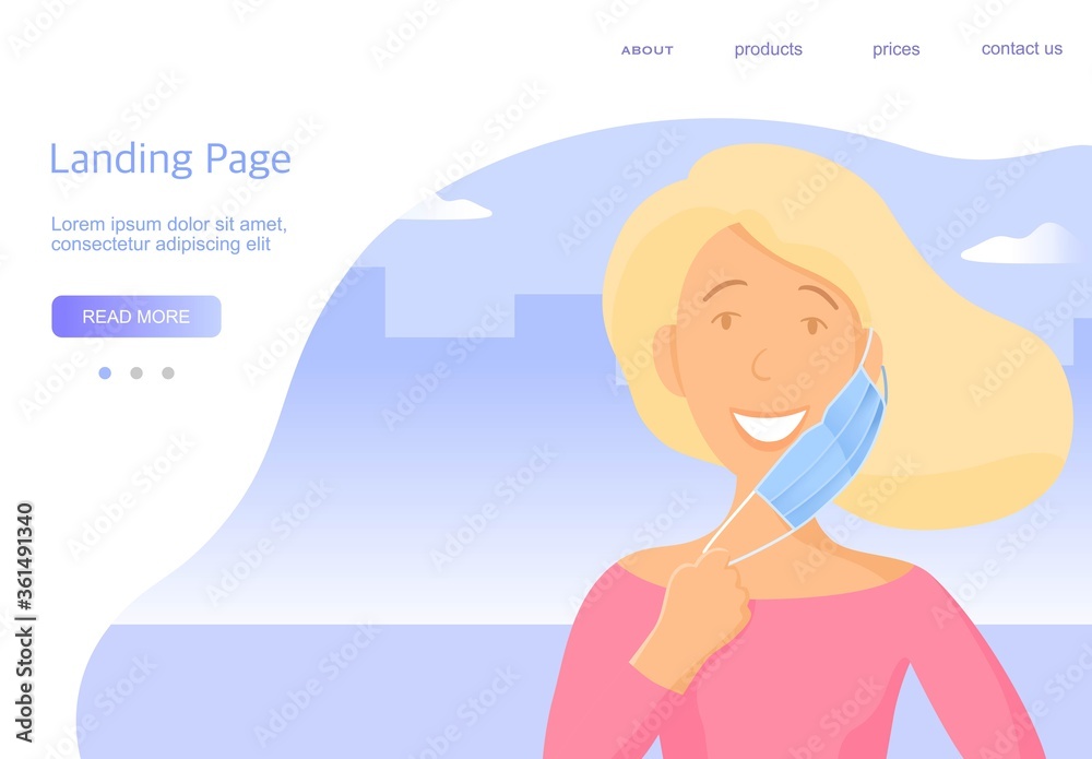 Young woman takes off a medical mask. Template for landing page Young woman takes off a medical mask. Template for landing page