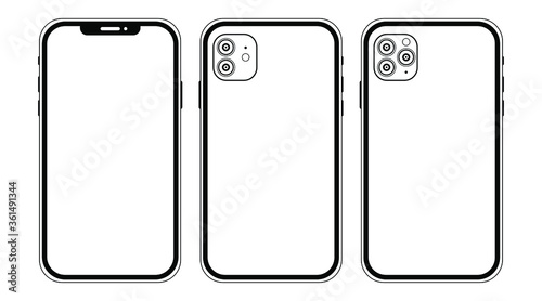 New phone icon. Front and back side. Smartphone mock up with white screen. Illustration for app, web, presentation, design. photo