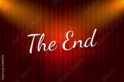 The End handwrite title on red round background. Old movie circle ending screen. Vector stock illustration.