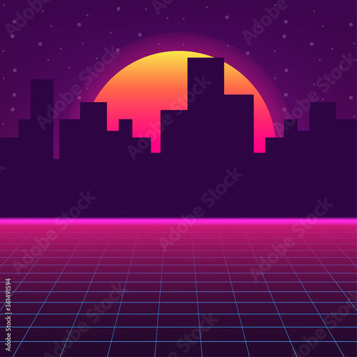 Futuristic Landscape With Styled Laser Grid. Neon Retrowave. Vector stock illustration.