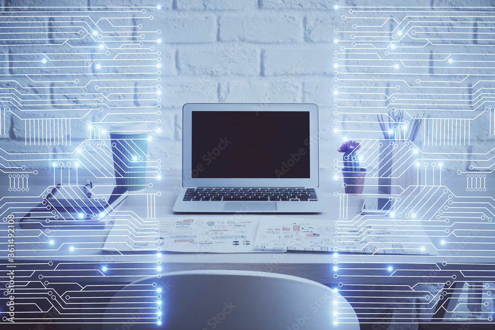 Computer on desktop in office with technology theme hologram. Double exposure. Tech concept. Computer on desktop in office with technology theme hologram. Double exposure. Tech concept.