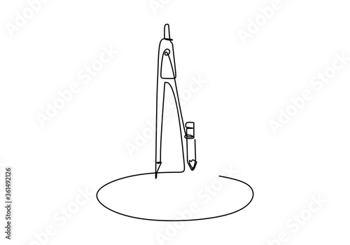 One continuous line art of compass stationery tool drawn with single line. Can be used to make circles on paper. Hand drawn minimalistic design for simple logo, icon or emblem.Vector illustration