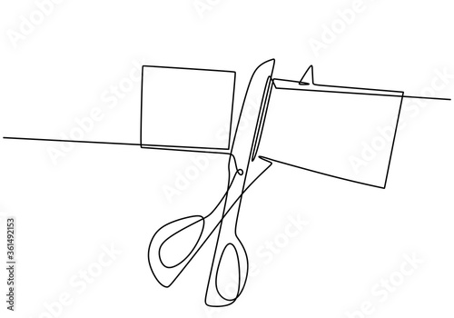 Continuous one line drawing of scissors icon. Scissors cut paper isolated hand drawn line art on white background. Cutting a white sheet of paper symbol outline. Minimal design. Vector illustration